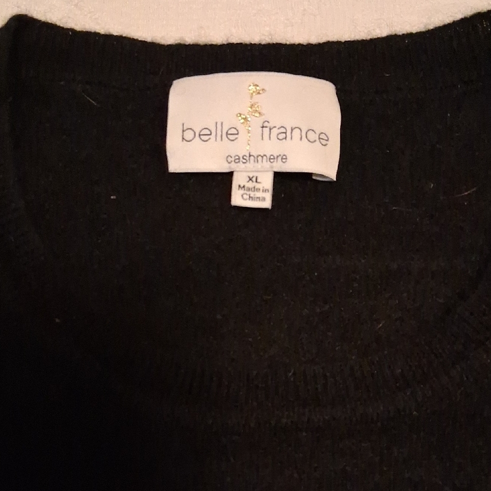 Luxe Belle France Black Cashmere Crew Neck Sweater With Pearl Sleeve Accents - Picture 1 of 11